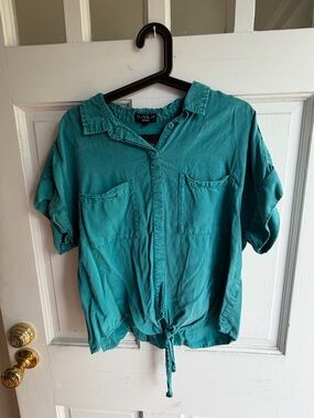 Relaxed Tie-Hem Button Front Top - Teal